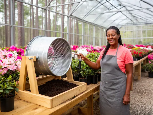 A smiling nursery owner turning the crank of a new soil-sifter drum on a cedar potting bench in a greenhouse of azaleas.