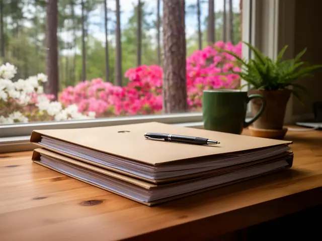 A neat stack of closed manila folders and a pen on a desk by a window.