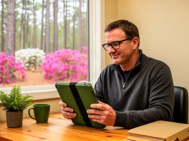 A man with short brown hair and black-framed glasses reviewing a tablet at a desk in a small back office.