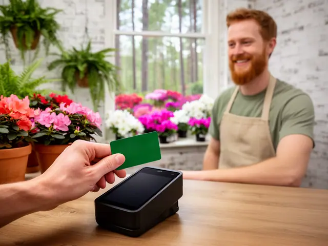 A customer taps a card on a counter terminal at a small garden-center plant shop.