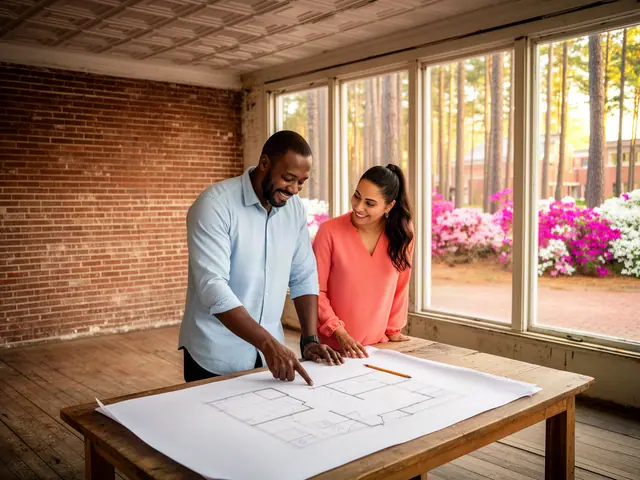 Two business partners looking over a pencil floor sketch in an empty storefront.
