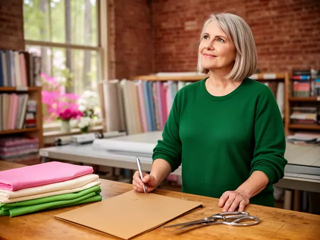 A woman with a short ash-blonde bob at a work table with a closed folder in a small fabric and quilting-supply shop.